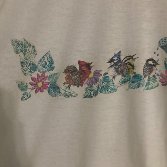 Vtg USA Made Birds Spring Flowers Shirt Womens L Single Stitch Art FOTL Tee - Picture 4 of 10